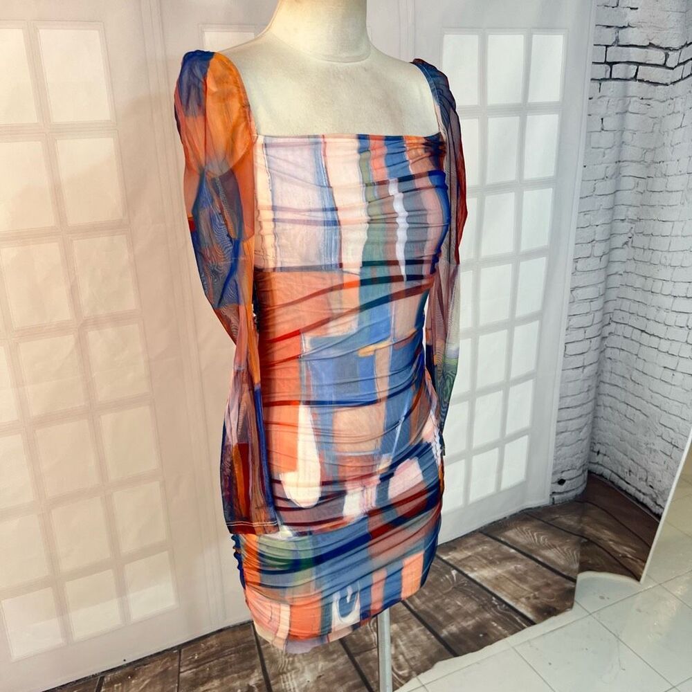 Princess poly multicolored long sleeve ruched body con mini dress size 4 - Picture 6 of 15
